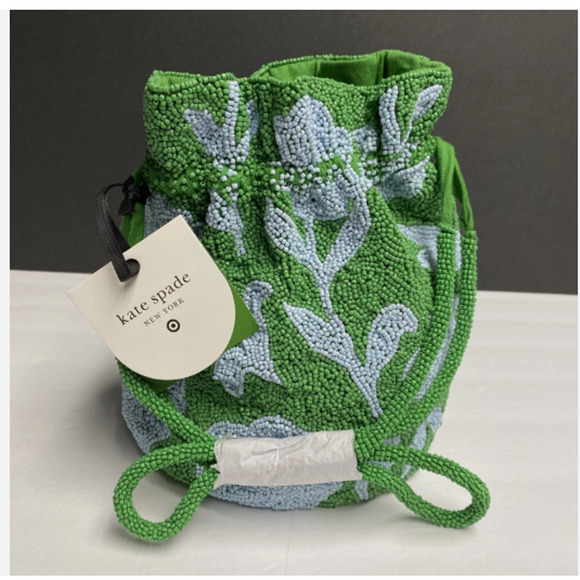 Beaded Drawstring Bucket Bag Rose NWT- Kate spade NY Green / Blue New - Picture 1 of 6